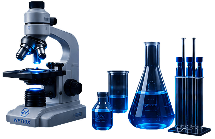 Wetrix microscope and laboratory glassware